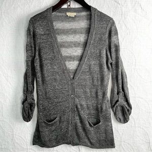 Royal Robbins 100% Linen Cardigan Sweater large gauge knit striped grey womens M